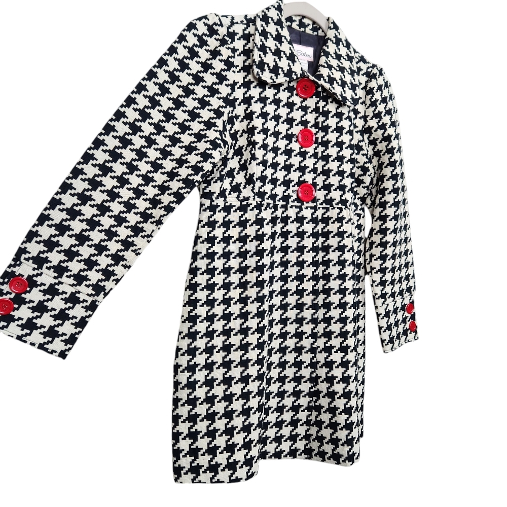 3 Sisters Black White Houndstooth Jacket Large Red Buttons Women's Size XS